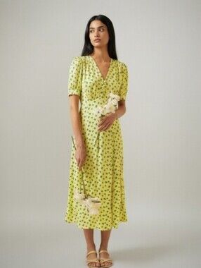 M&S x GHOST Yellow Floral Midi Tea Dress – Puff Sleeve – UK 14 (US 10)